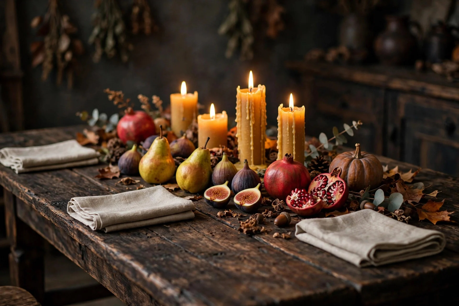 Dark wood Halloween table with pears, figs, pomegranates and honey beeswax candles glowing down the center