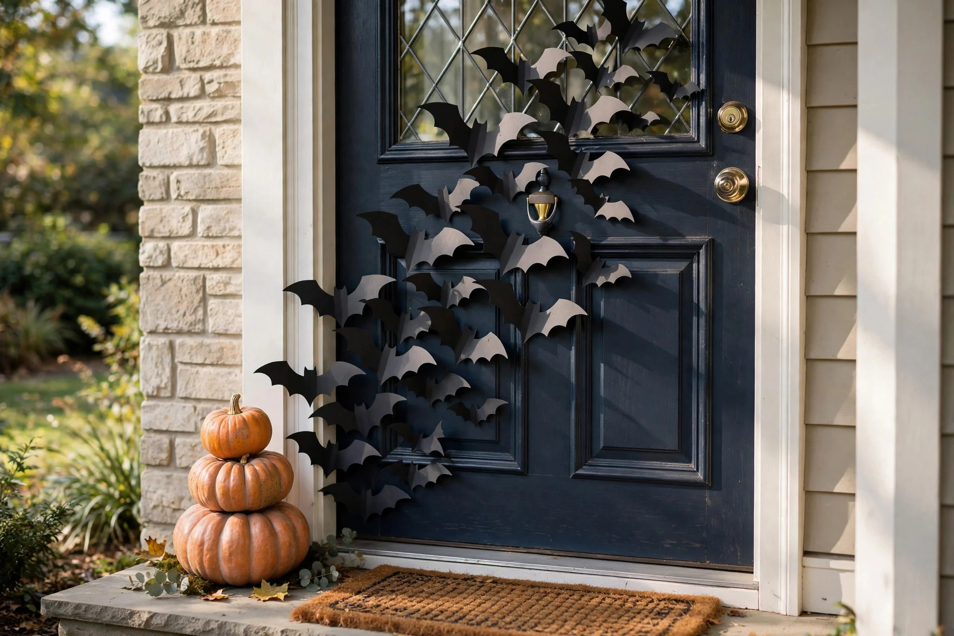 Front door decorated with black paper bats arranged flying upward and a small pumpkin stack beside it