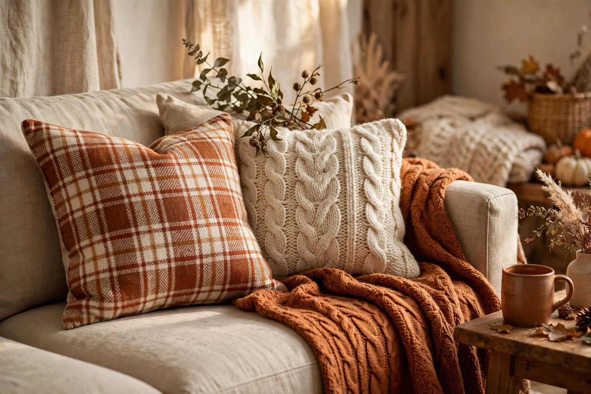 Plaid throw pillows and knit blankets on a neutral fall sofa