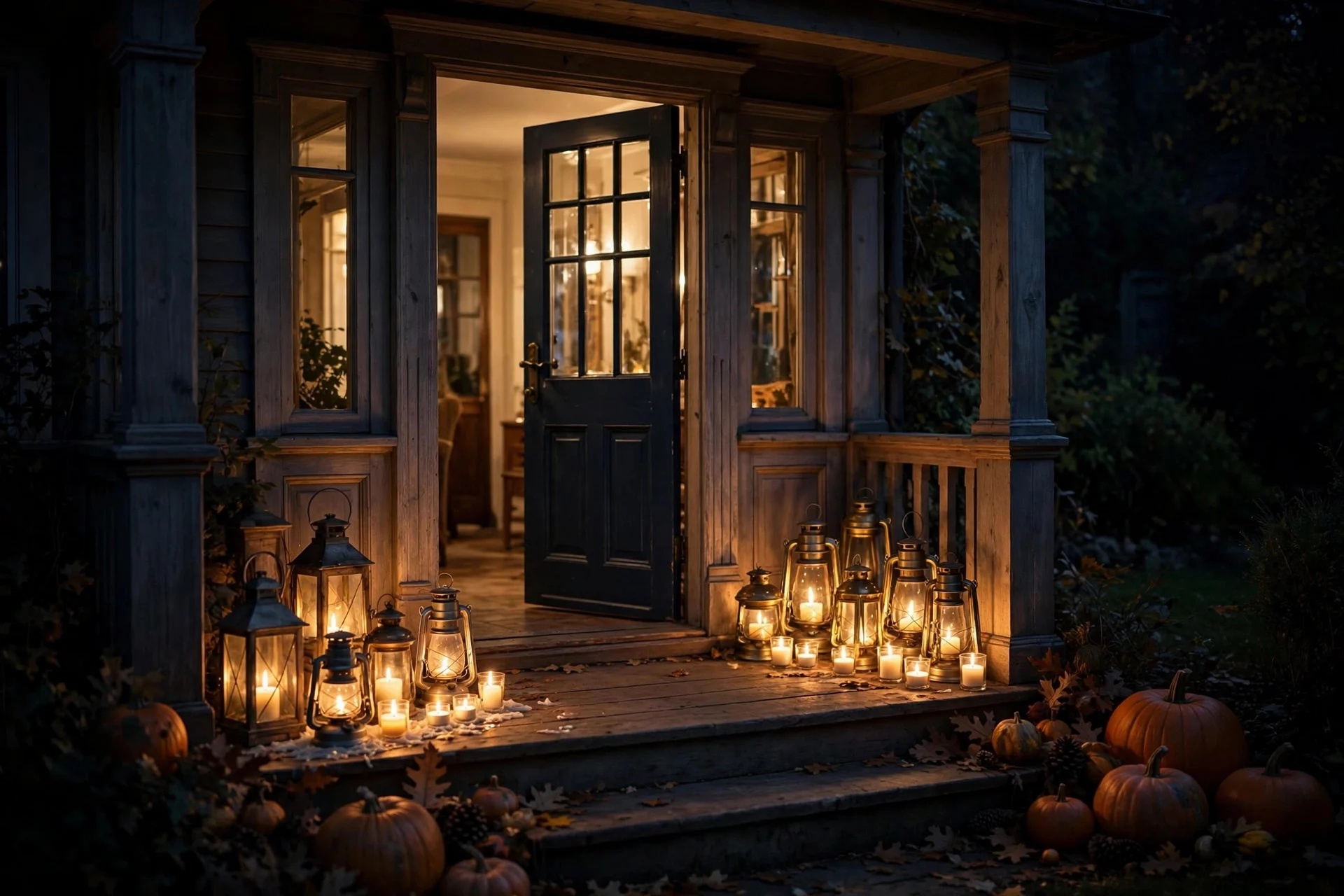Front porch doorway lined with glowing candles and lanterns at night with pumpkins in shadow