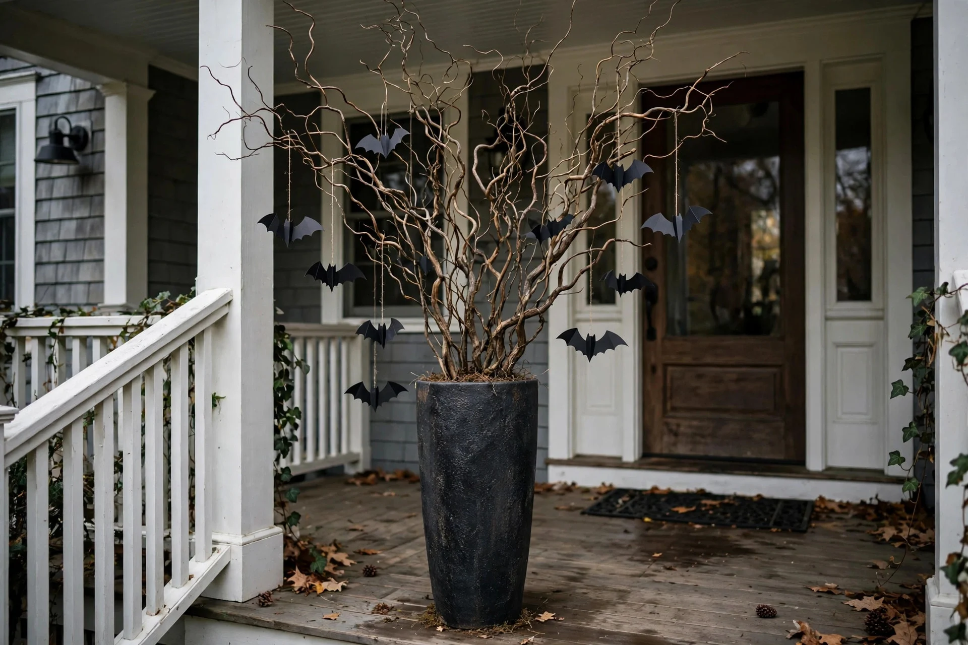 Tall porch planter filled with bare autumn branches and hanging black paper bats