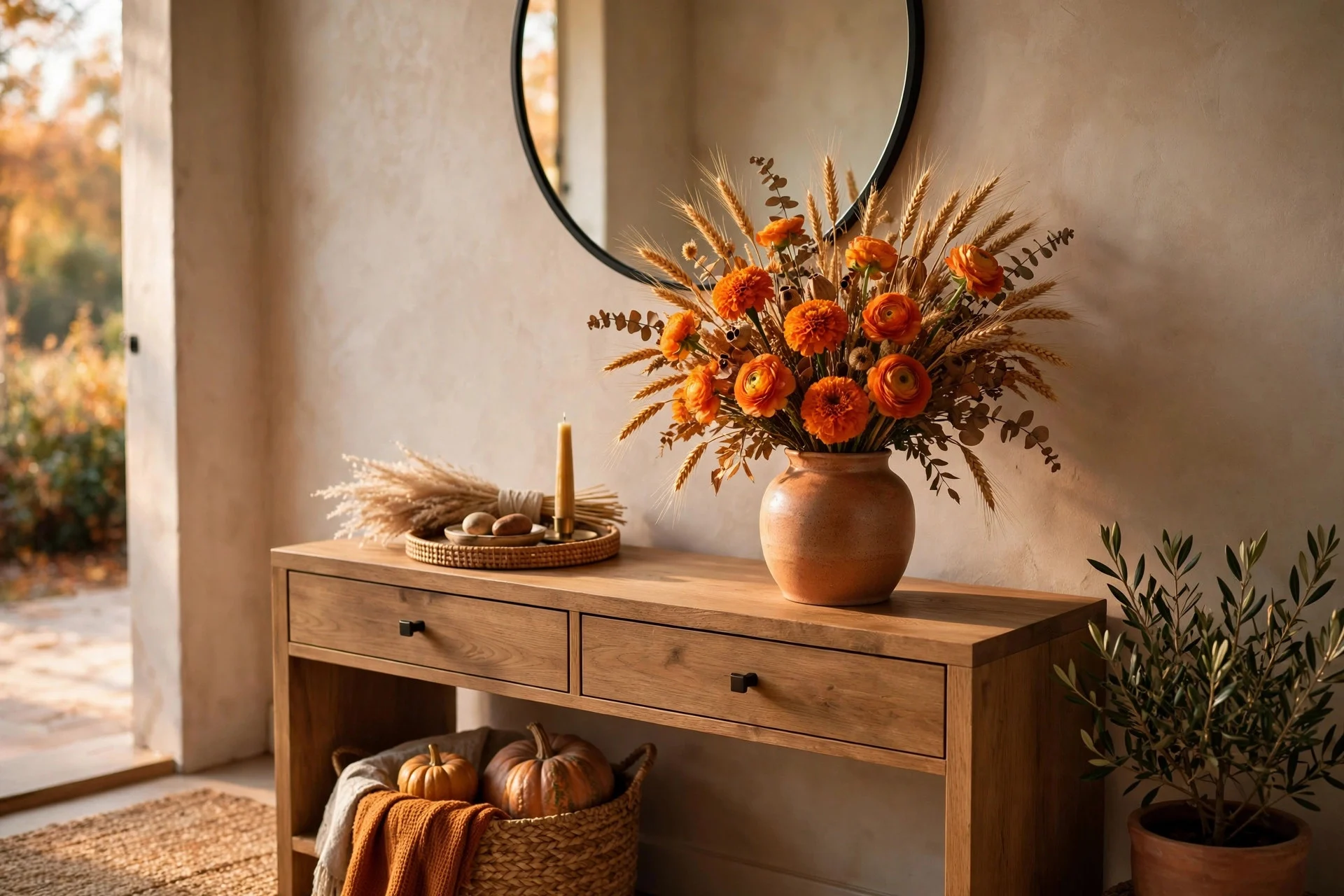 Entryway console table with pumpkin floral arrangement for fall