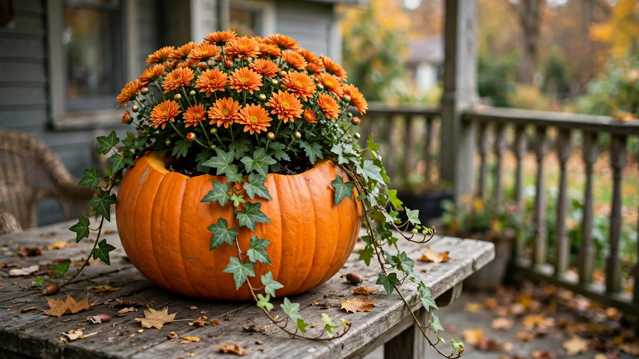 Hollowed-top pumpkin used as a planter with orange mums and trailing greenery