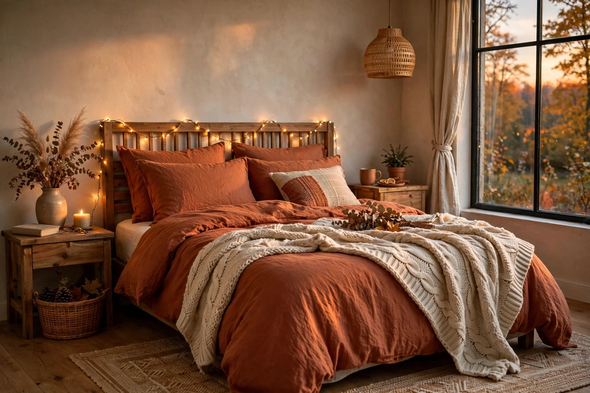 Cozy fall bedroom with rust-colored bedding and warm fairy lights