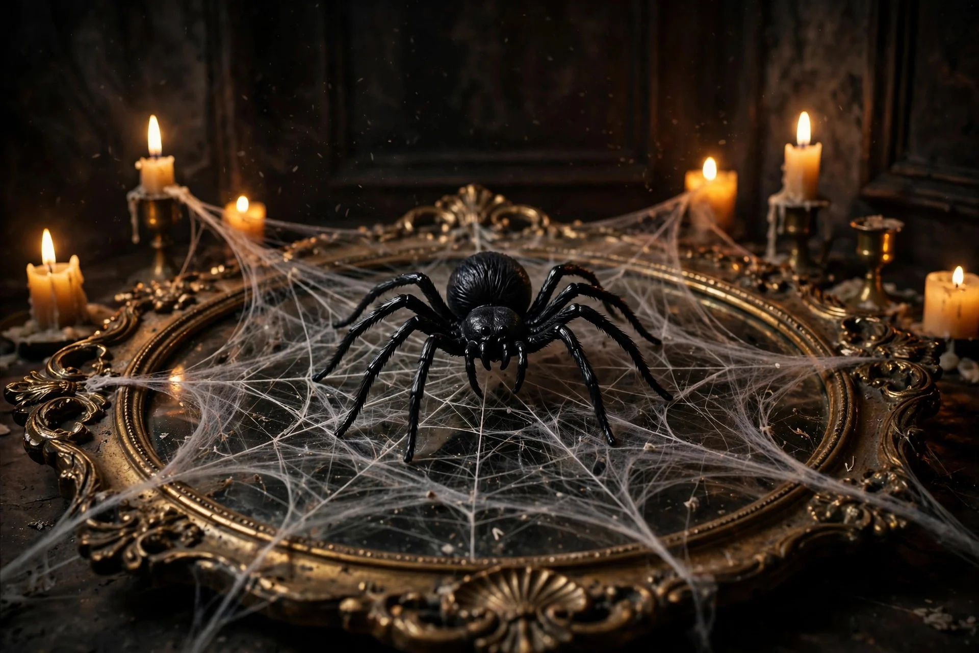 One large black plastic spider sitting in a finely stretched fake web over an ornate vintage mirror with candles