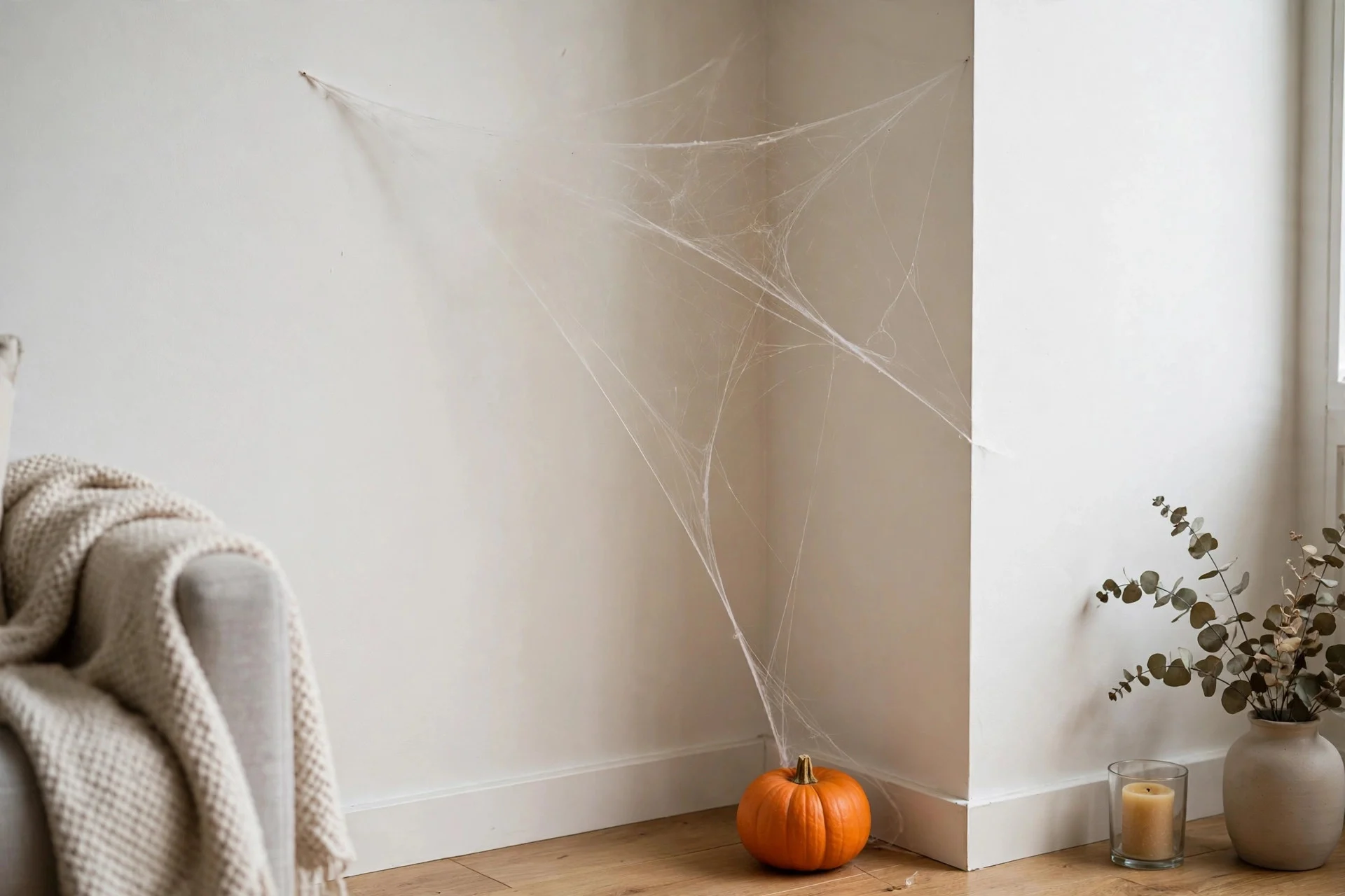 Sparse fake spider web stretched across a wall corner above a small pumpkin, minimal and tasteful Halloween decor