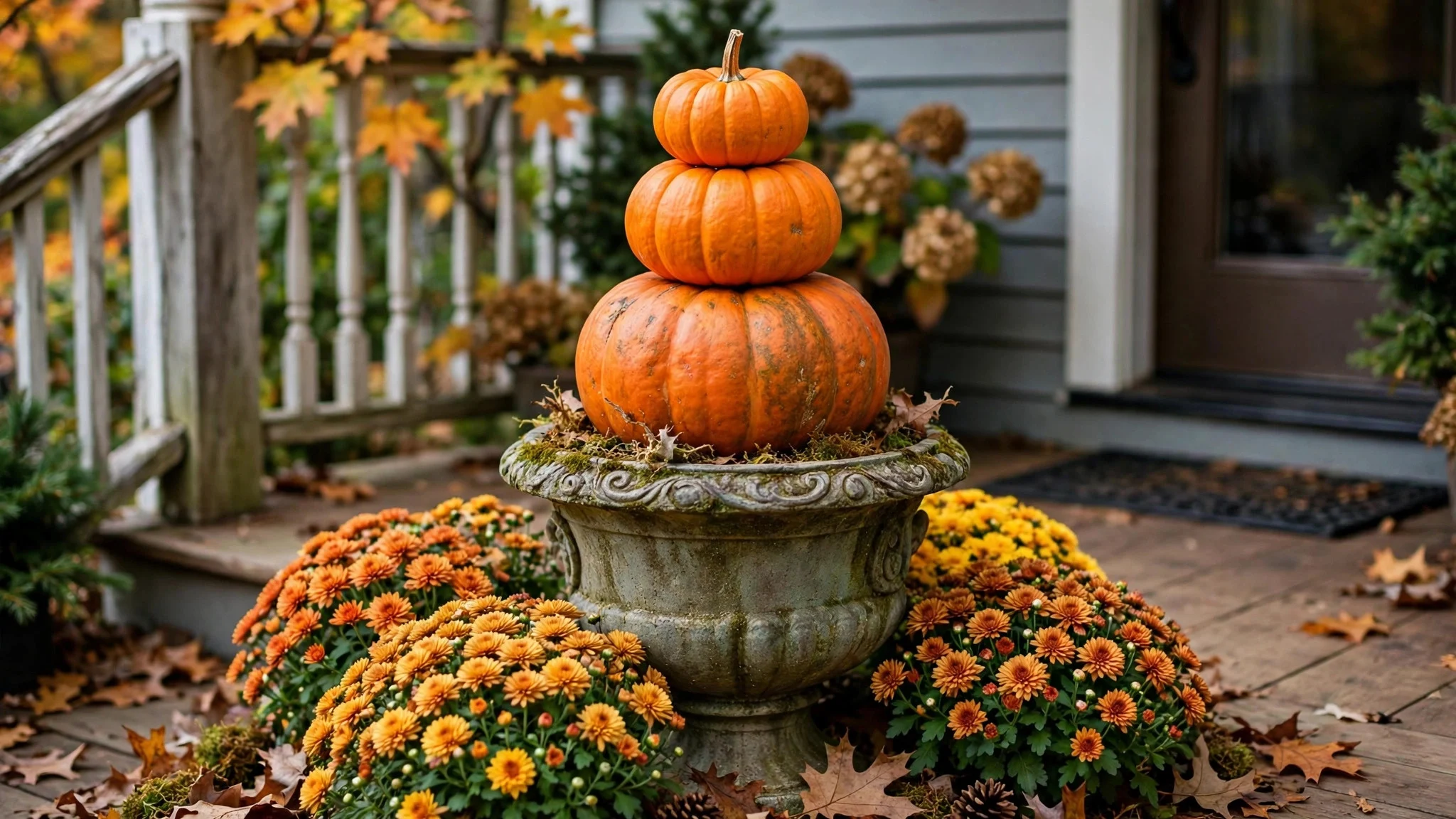 Three mini pumpkins stacked into a topiary in a vintage urn planter