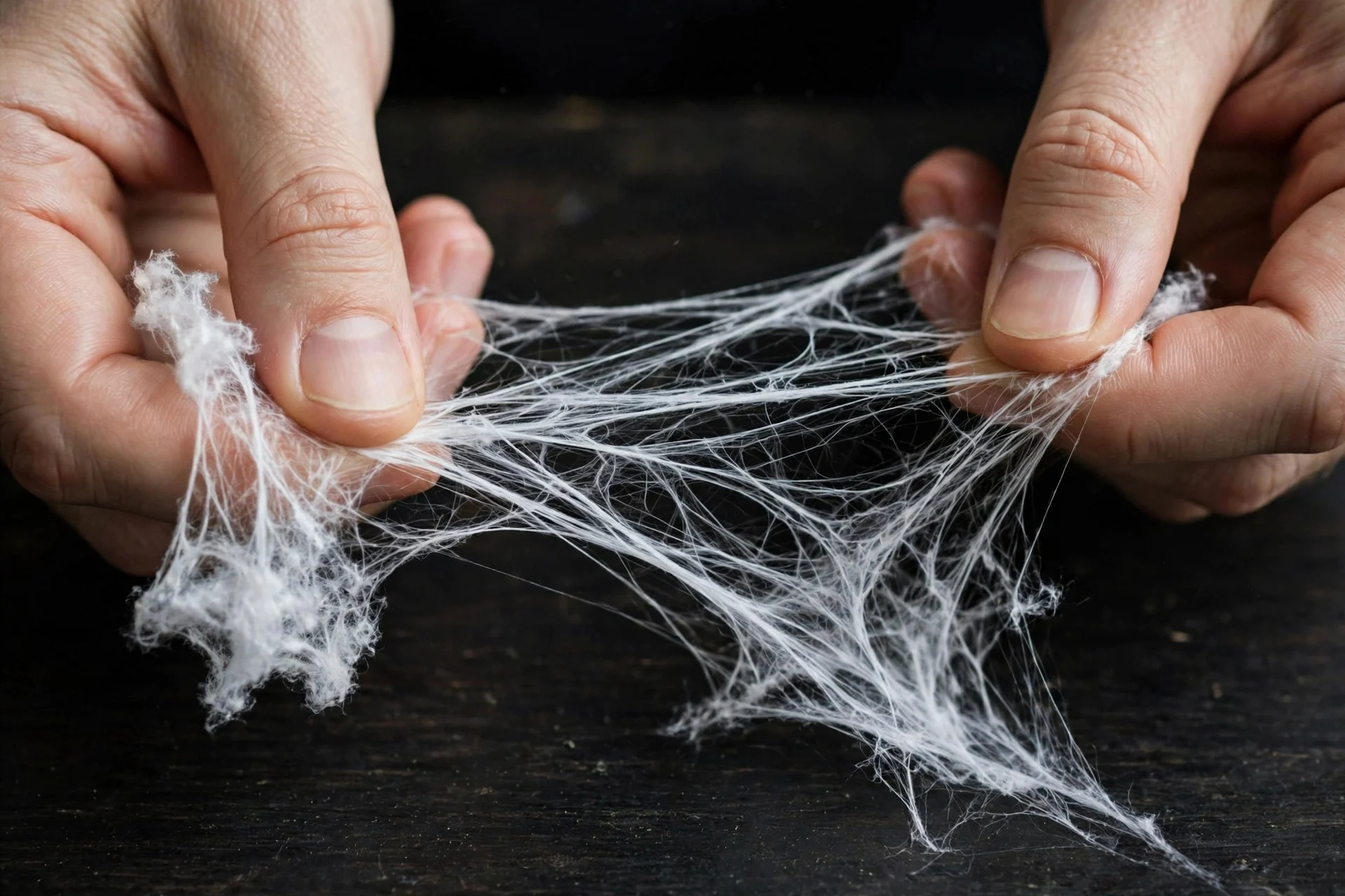 Hands stretching bagged Halloween spider web material thin, pulling the fibers apart to make it wispy