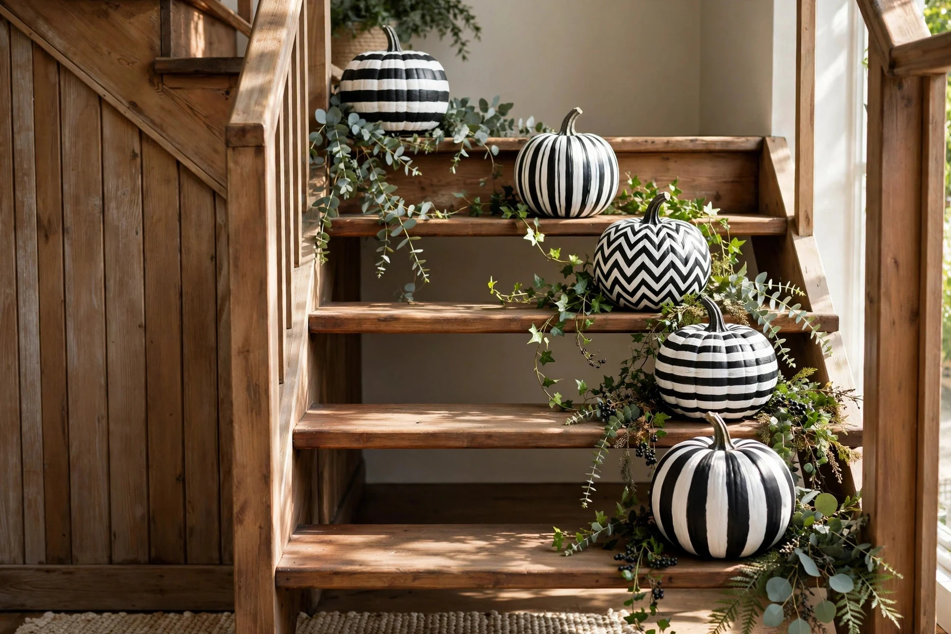 Black and white striped pumpkins lined along staircase steps with greenery