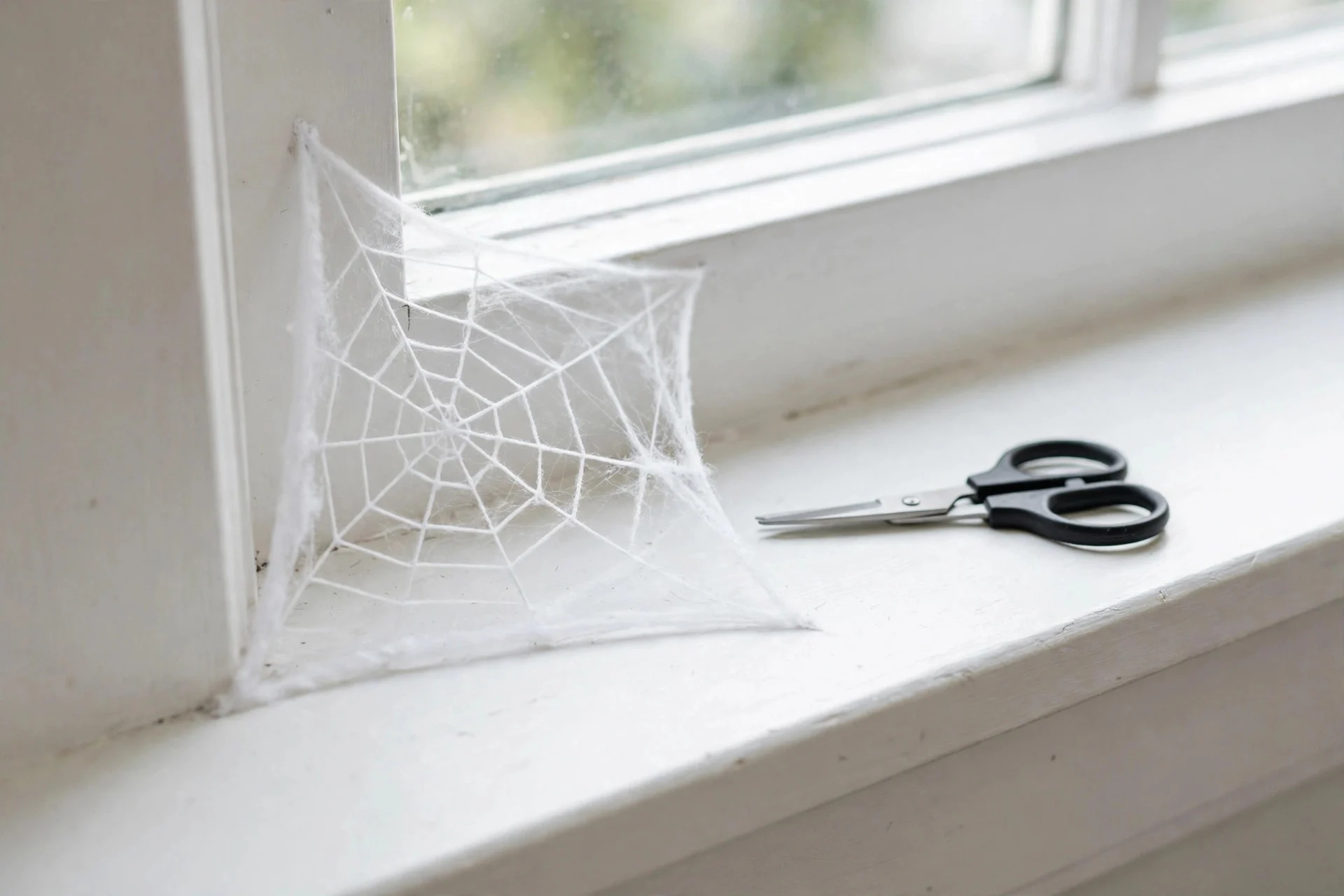 Neatly trimmed fake Halloween spider web tucked along a clean white windowsill with scissors beside it