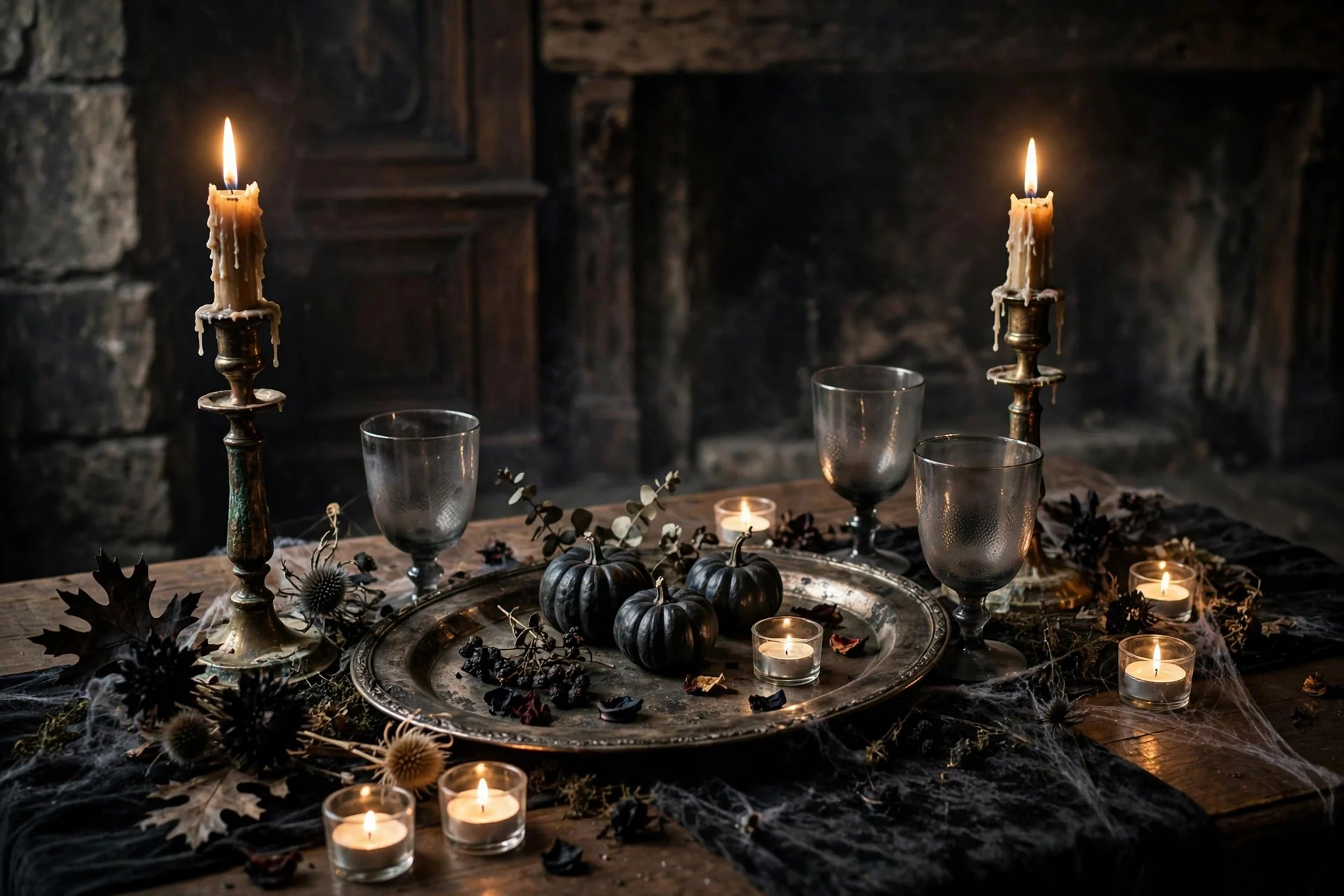Vintage Halloween table with antique brass candlesticks, a tarnished silver tray and smoky glass goblets in candlelight