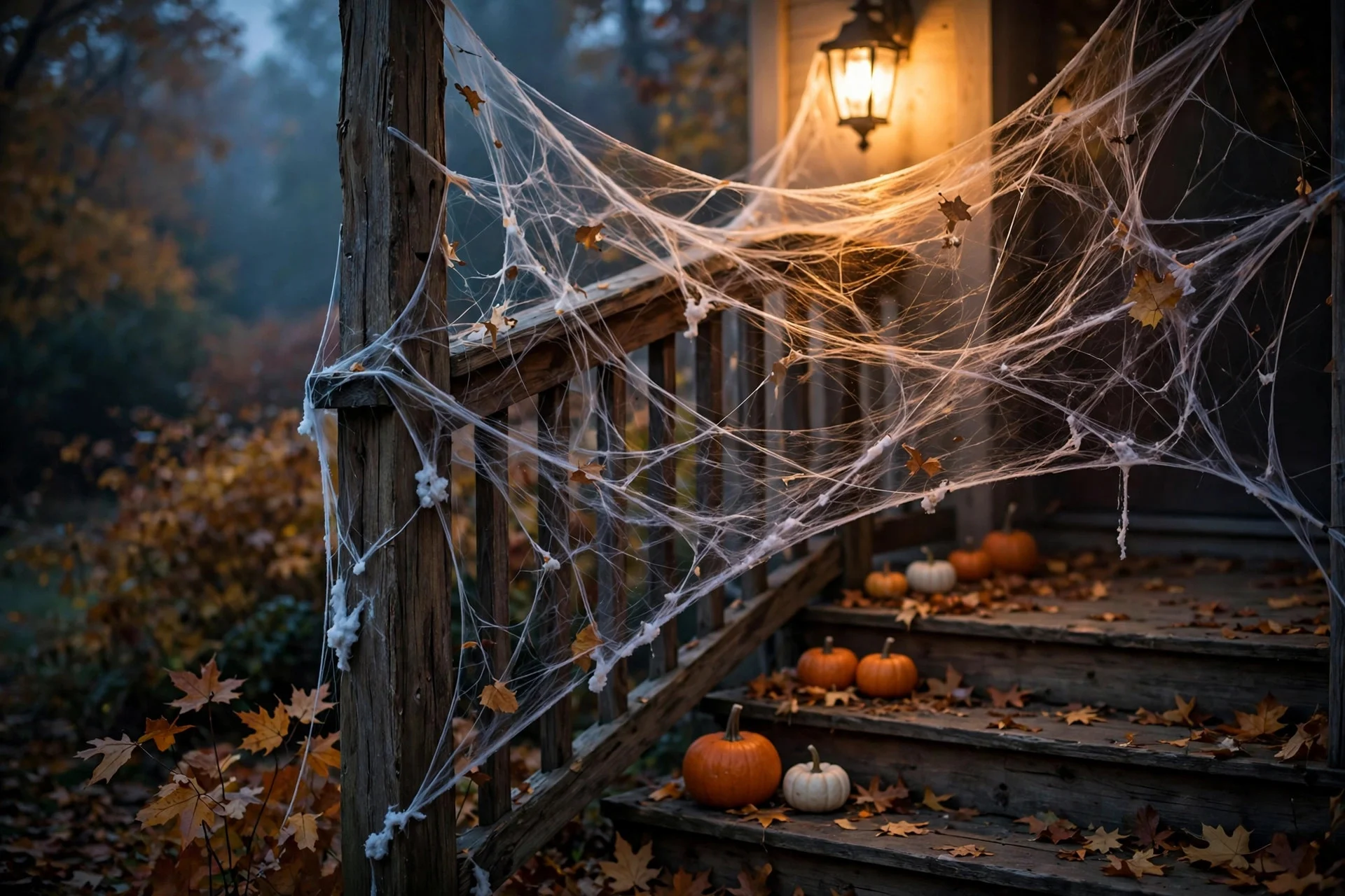 Fake spider web stretched across a wooden front porch post and railing at dusk with warm porch light and pumpkins