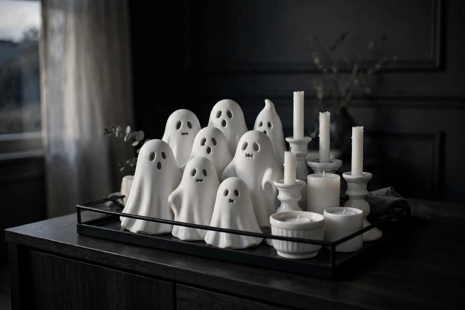 White ceramic ghost figurines grouped on a black tray on a console table