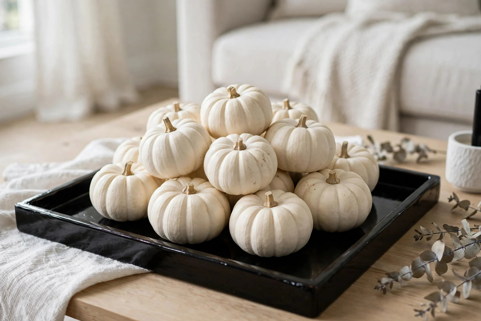 White mini pumpkins arranged on a black lacquered tray as a coffee table centerpiece