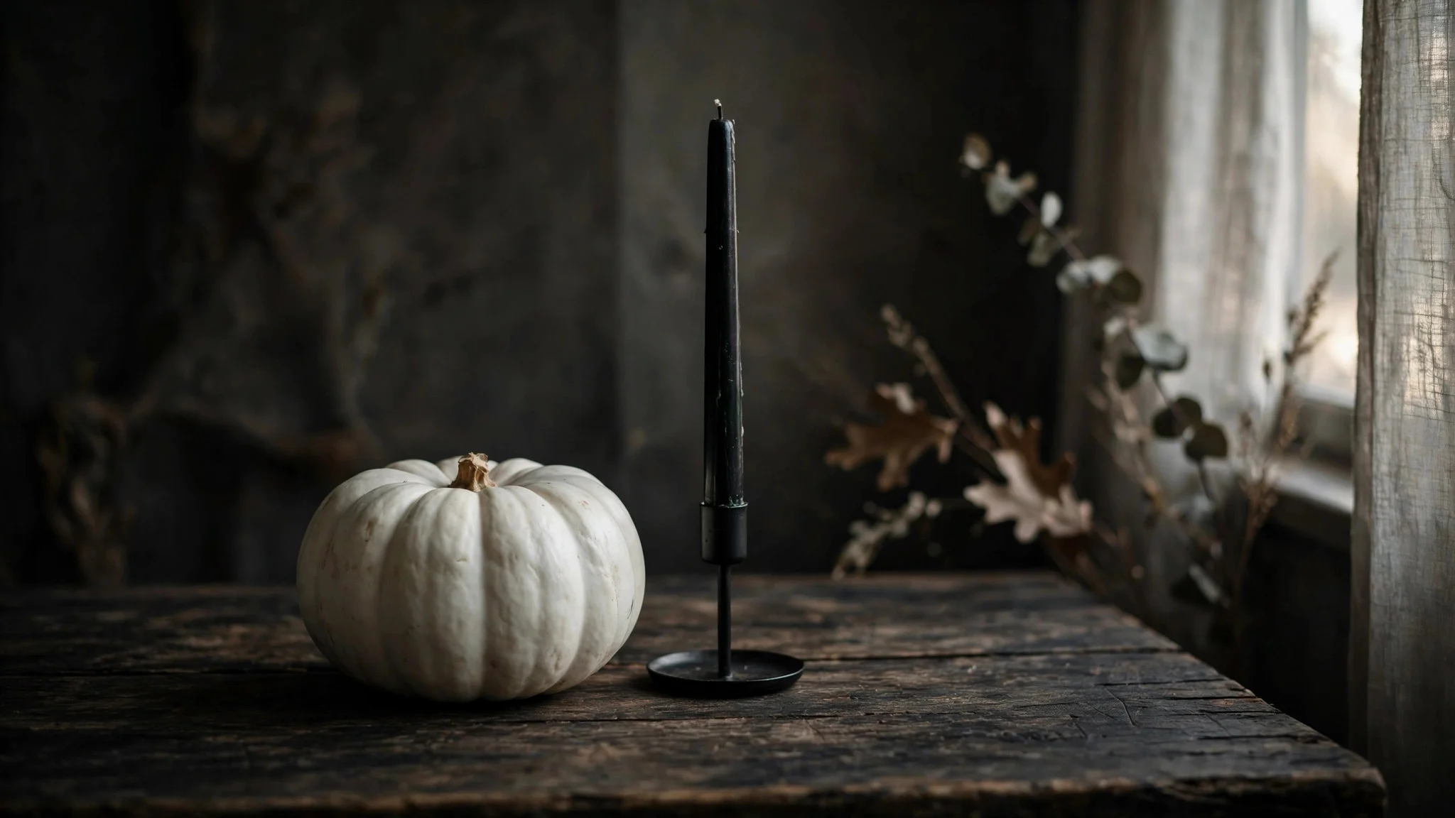 Single white pumpkin on a dark wooden table beside a black taper candle, minimal fall decor