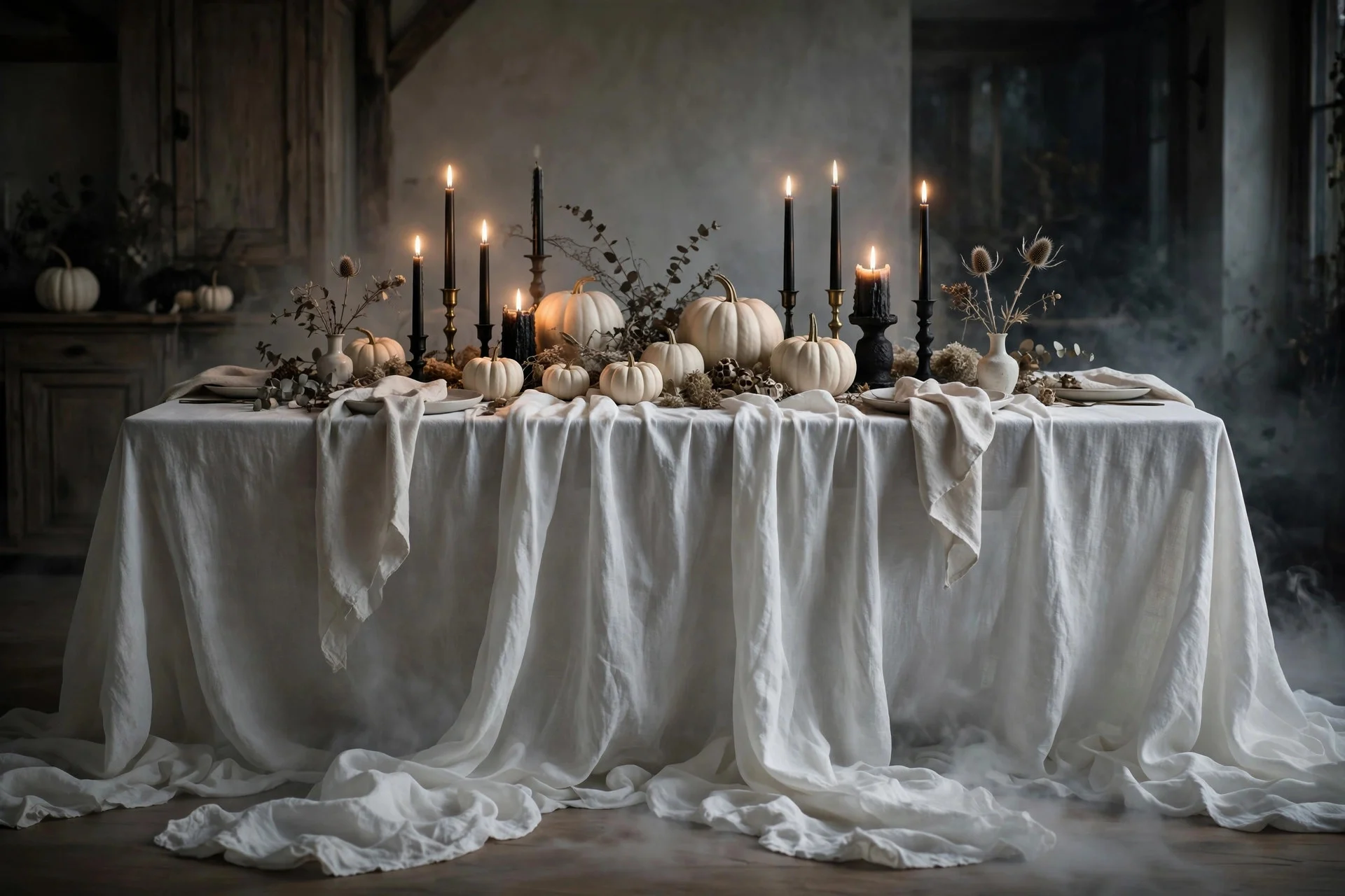 Dining table draped in white linen styled as an elegant ghostly Halloween tablescape